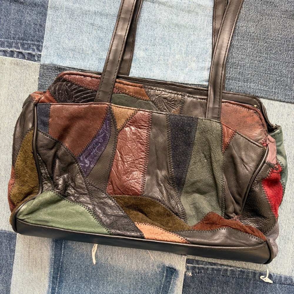 patchwork leather shoulder bag boho suede jewel t… - image 3